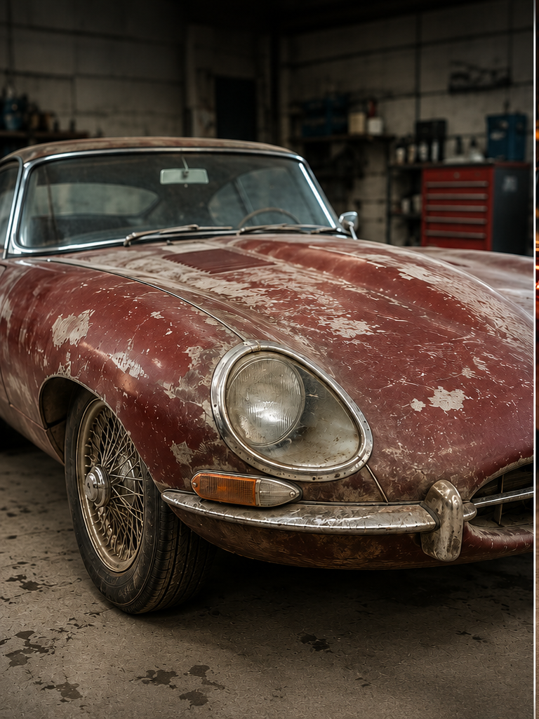 Rusted and stripped classic car body